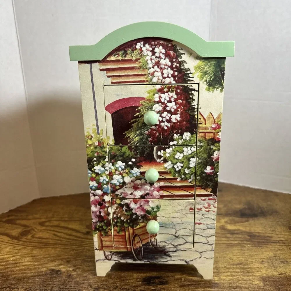 Anister Gifts Wood Jewelry Box Floral 3 Drawer Arch Cottage Vintage Shabby Chic